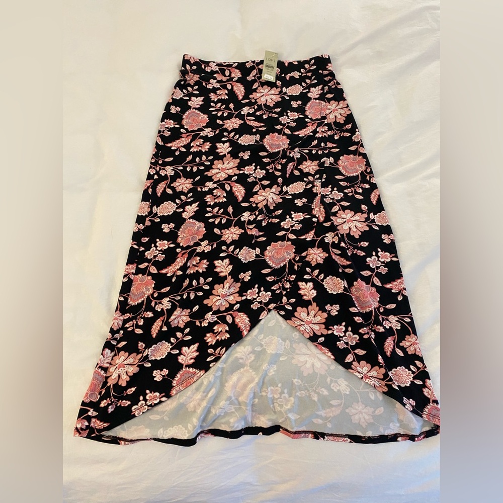 LOFT Black Floral Midi Skirt with Pink Print